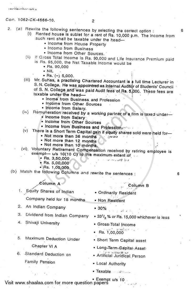 Direct and Indirect Taxation 2009-2010 - B.Com. - 3rd Year (TYBcom) - University of Mumbai question paper with PDF download