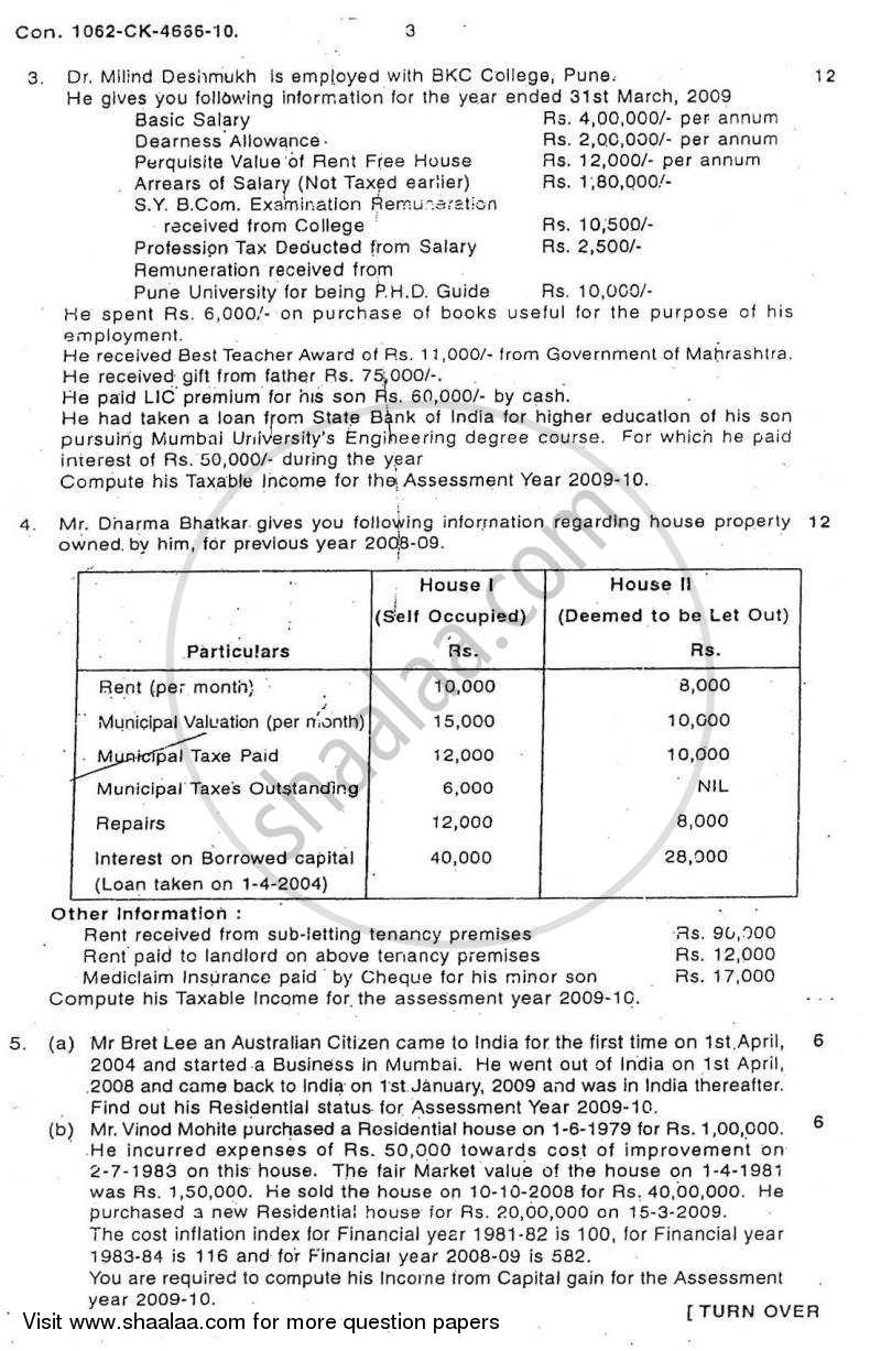 Direct and Indirect Taxation 2009-2010 - B.Com. - 3rd Year (TYBcom) - University of Mumbai question paper with PDF download