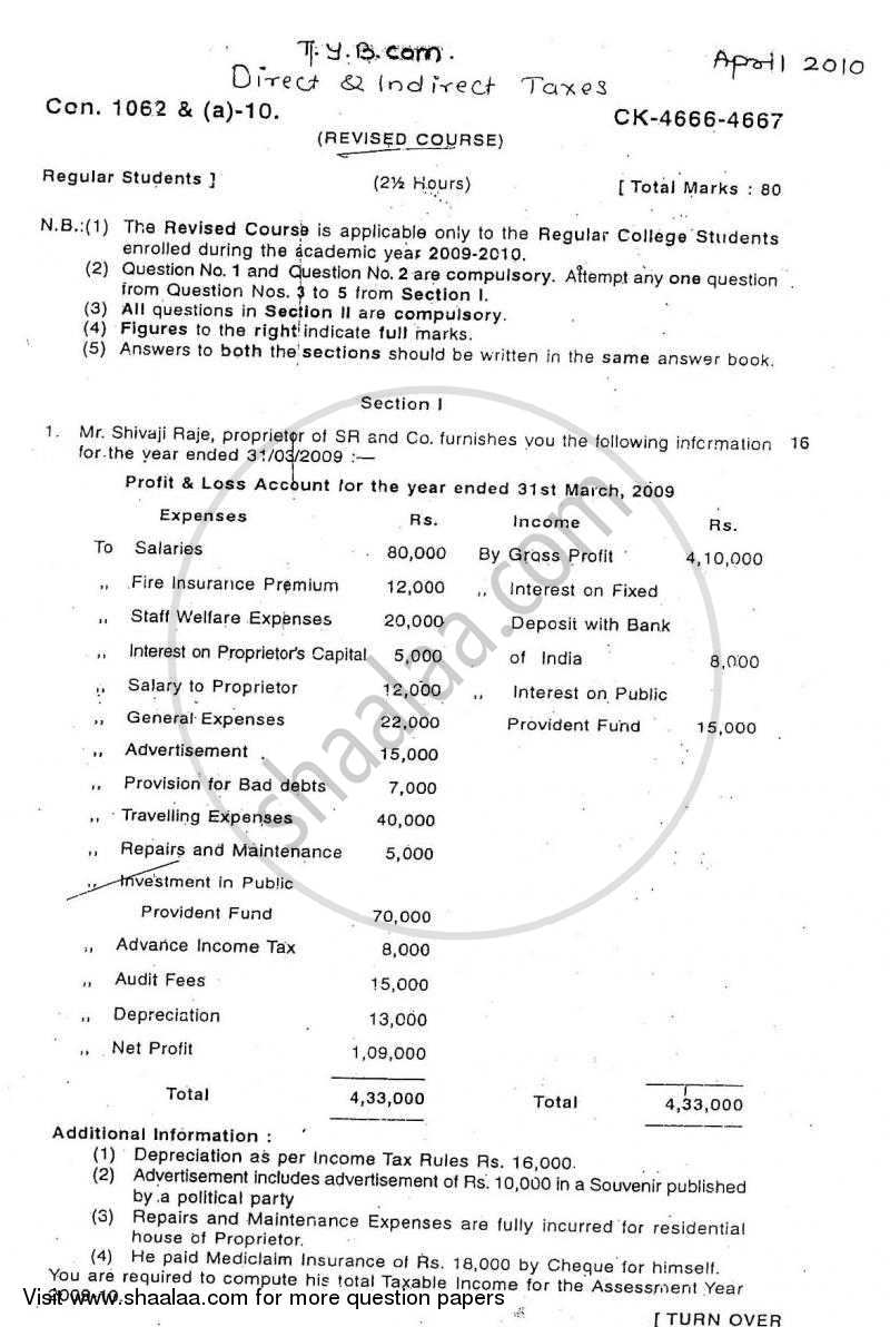 Direct and Indirect Taxation 2009-2010 - B.Com. - 3rd Year (TYBcom) - University of Mumbai question paper with PDF download