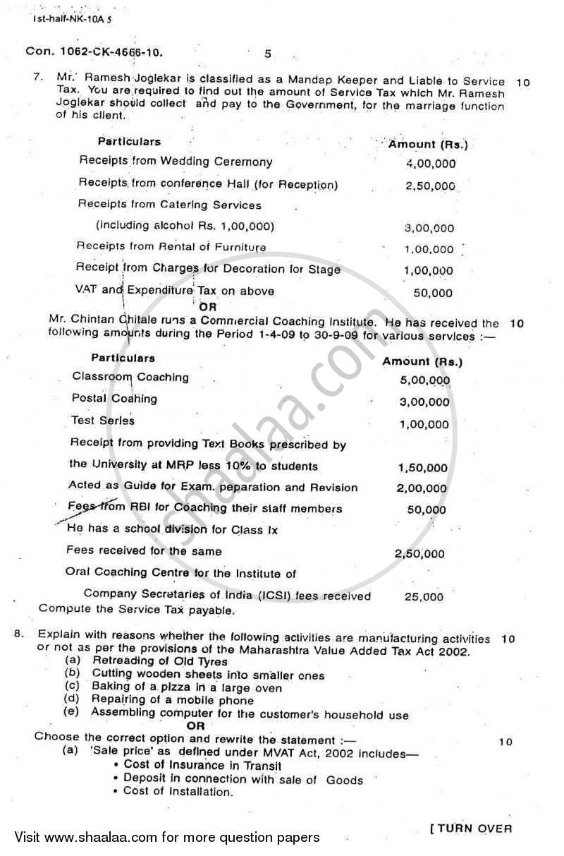 Direct and Indirect Taxation 2009-2010 - B.Com. - 3rd Year (TYBcom) - University of Mumbai question paper with PDF download
