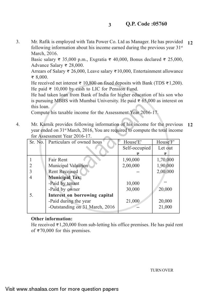 Direct and Indirect Taxation 2016-2017 - B.Com. - 3rd Year (TYBcom) - University of Mumbai question paper with PDF download