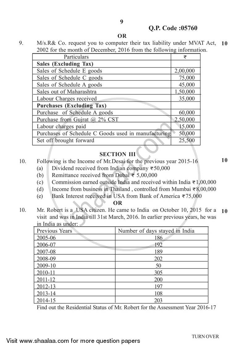 Direct and Indirect Taxation 2016-2017 - B.Com. - 3rd Year (TYBcom) - University of Mumbai question paper with PDF download