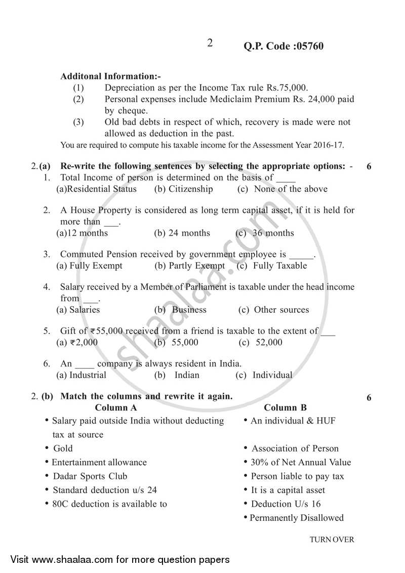 Direct and Indirect Taxation 2016-2017 - B.Com. - 3rd Year (TYBcom) - University of Mumbai question paper with PDF download