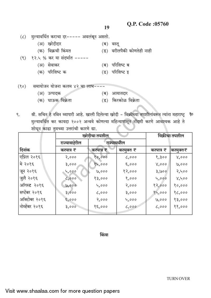 Direct and Indirect Taxation 2016-2017 - B.Com. - 3rd Year (TYBcom) - University of Mumbai question paper with PDF download