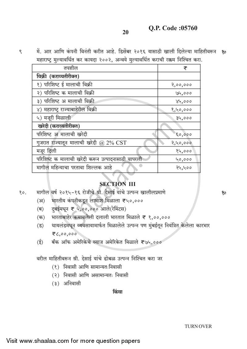 Direct and Indirect Taxation 2016-2017 - B.Com. - 3rd Year (TYBcom) - University of Mumbai question paper with PDF download