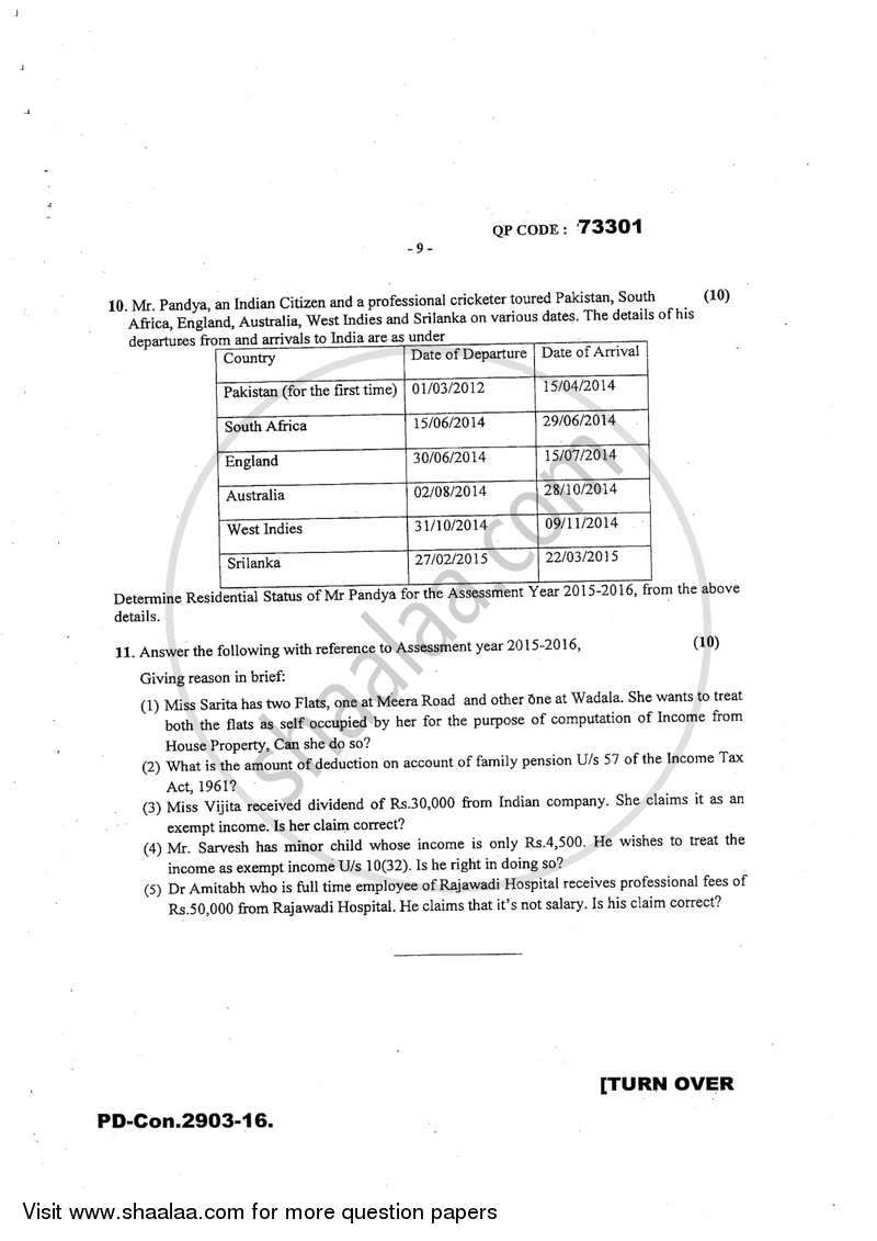 Direct and Indirect Taxation 2016-2017 - B.Com. - 3rd Year (TYBcom) - University of Mumbai question paper with PDF download