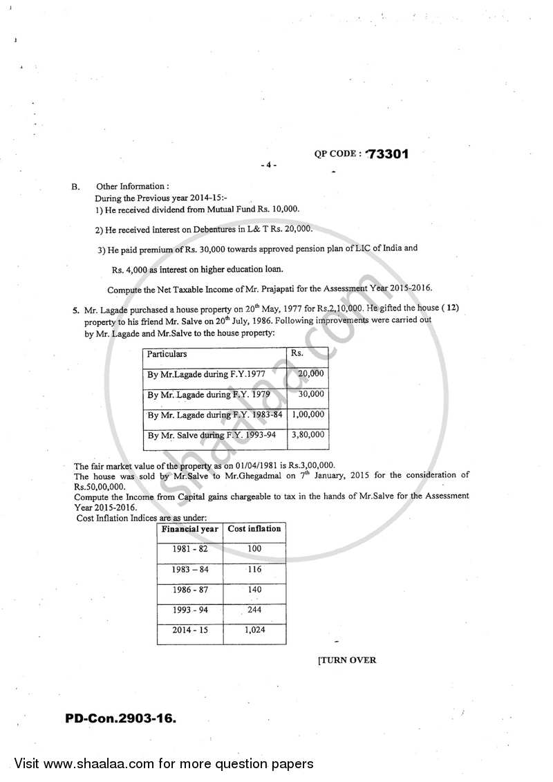 Direct and Indirect Taxation 2016-2017 - B.Com. - 3rd Year (TYBcom) - University of Mumbai question paper with PDF download