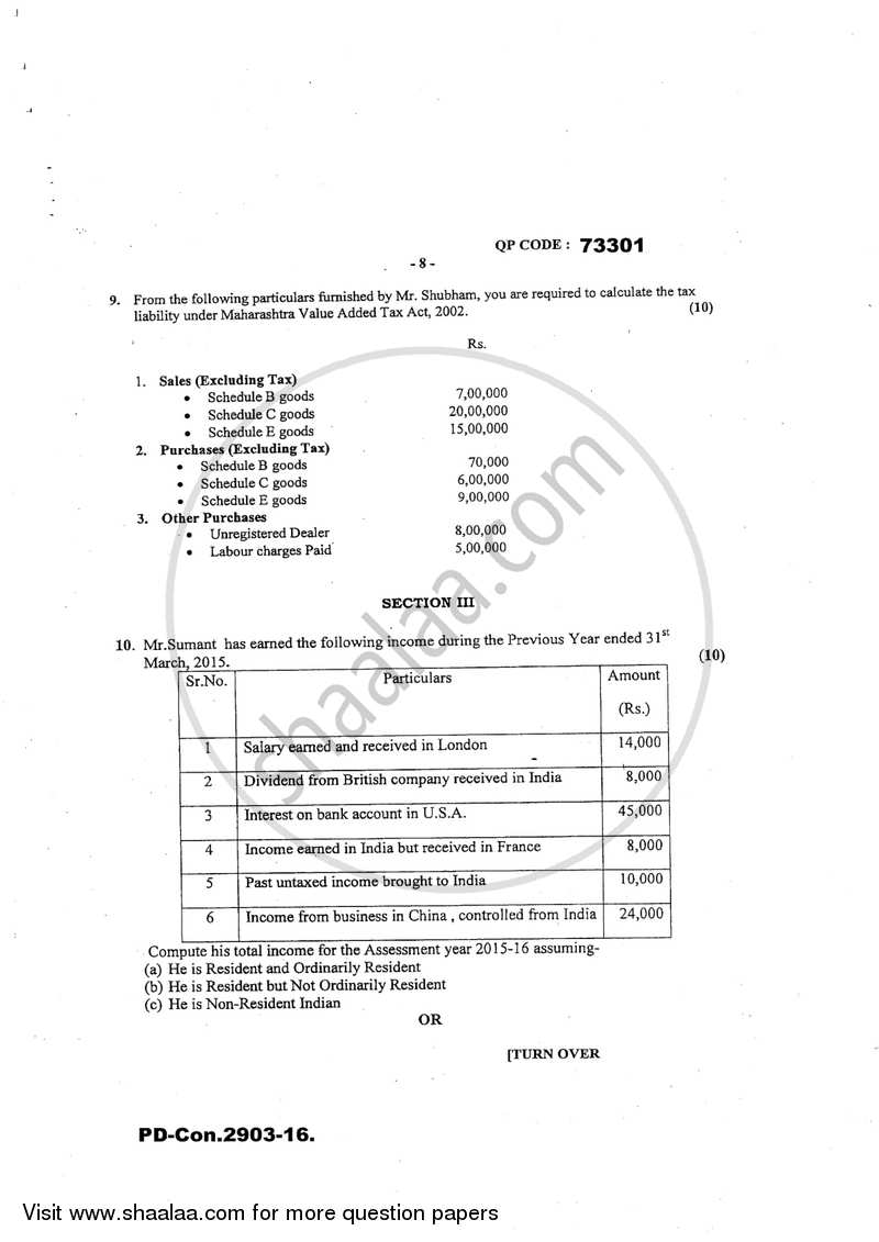 Direct and Indirect Taxation 2016-2017 - B.Com. - 3rd Year (TYBcom) - University of Mumbai question paper with PDF download