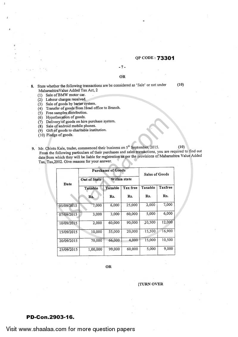 Direct and Indirect Taxation 2016-2017 - B.Com. - 3rd Year (TYBcom) - University of Mumbai question paper with PDF download