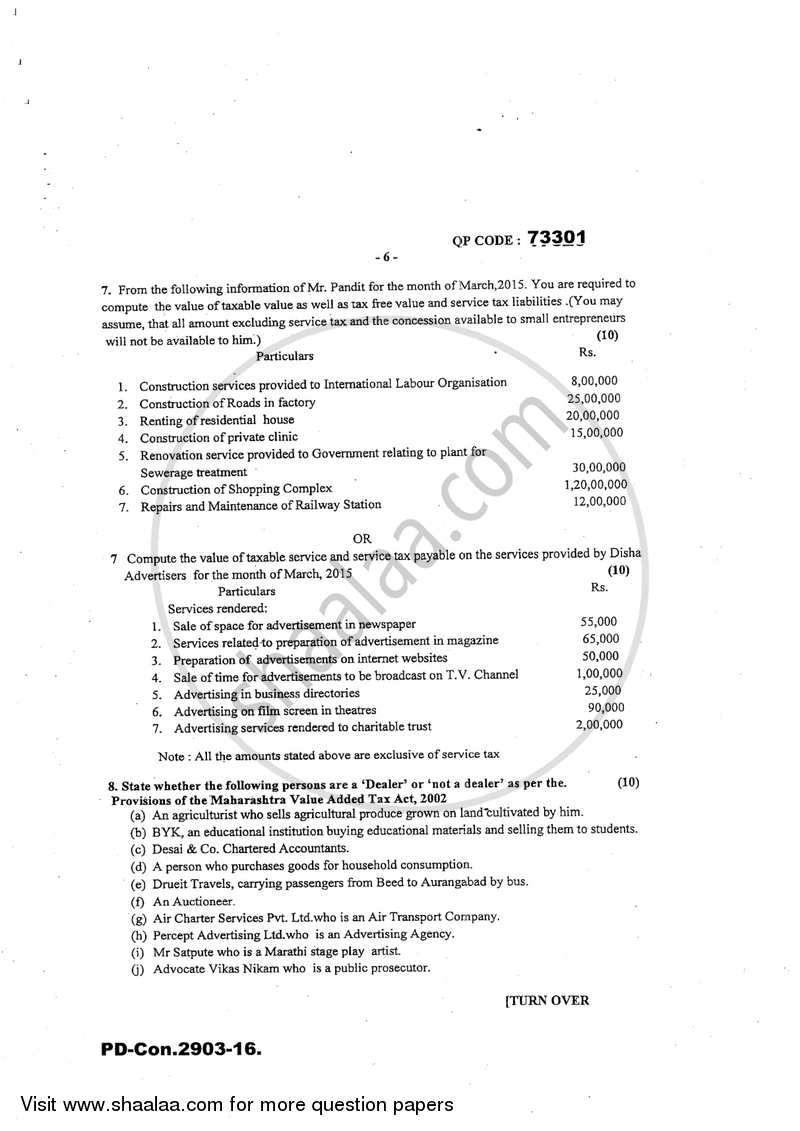 Direct and Indirect Taxation 2016-2017 - B.Com. - 3rd Year (TYBcom) - University of Mumbai question paper with PDF download