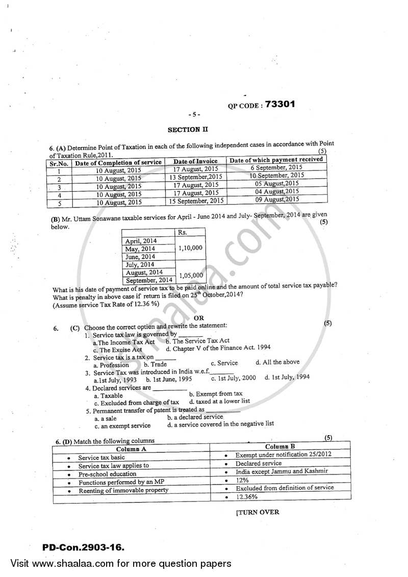 Direct and Indirect Taxation 2016-2017 - B.Com. - 3rd Year (TYBcom) - University of Mumbai question paper with PDF download
