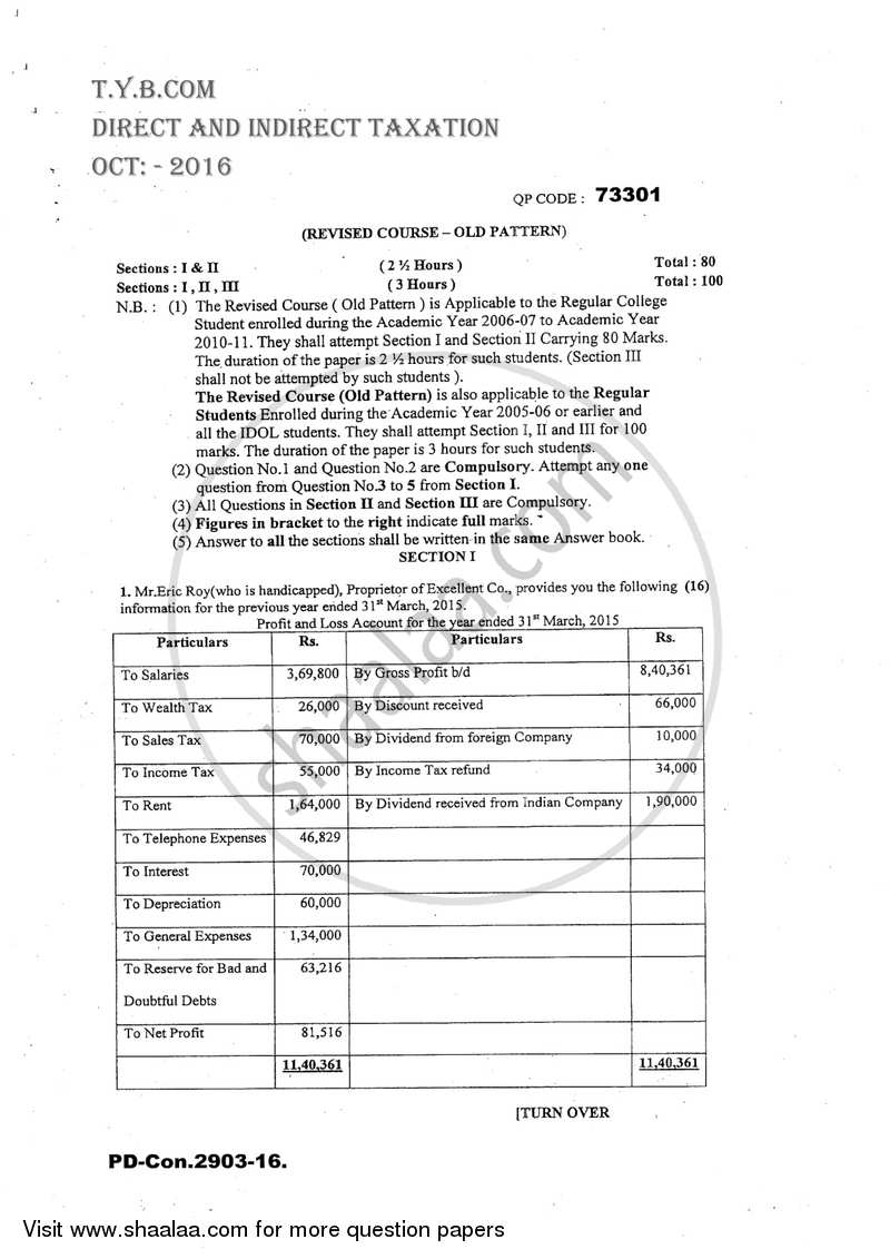 Direct and Indirect Taxation 2016-2017 - B.Com. - 3rd Year (TYBcom) - University of Mumbai question paper with PDF download