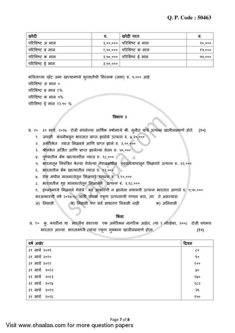 Direct and Indirect Taxation 2017-2018 - B.Com. - 3rd Year (TYBcom) - University of Mumbai question paper with PDF download