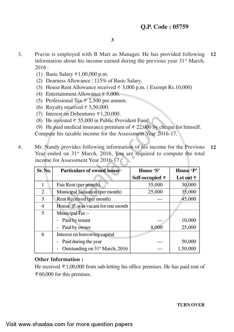 Direct and Indirect Taxation 2017-2018 - B.Com. - 3rd Year (TYBcom) - University of Mumbai question paper with PDF download