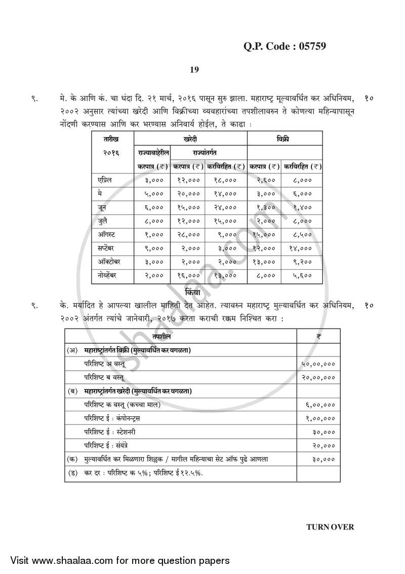 Direct and Indirect Taxation 2017-2018 - B.Com. - 3rd Year (TYBcom) - University of Mumbai question paper with PDF download