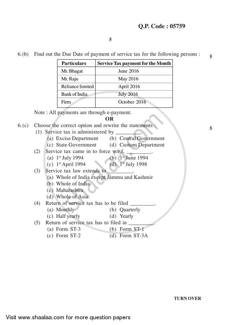 Direct and Indirect Taxation 2017-2018 - B.Com. - 3rd Year (TYBcom) - University of Mumbai question paper with PDF download