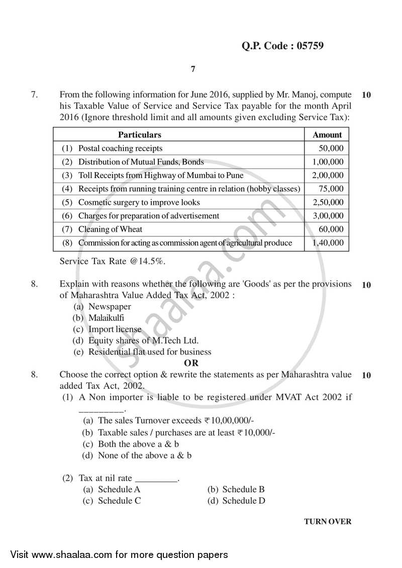 Direct and Indirect Taxation 2017-2018 - B.Com. - 3rd Year (TYBcom) - University of Mumbai question paper with PDF download