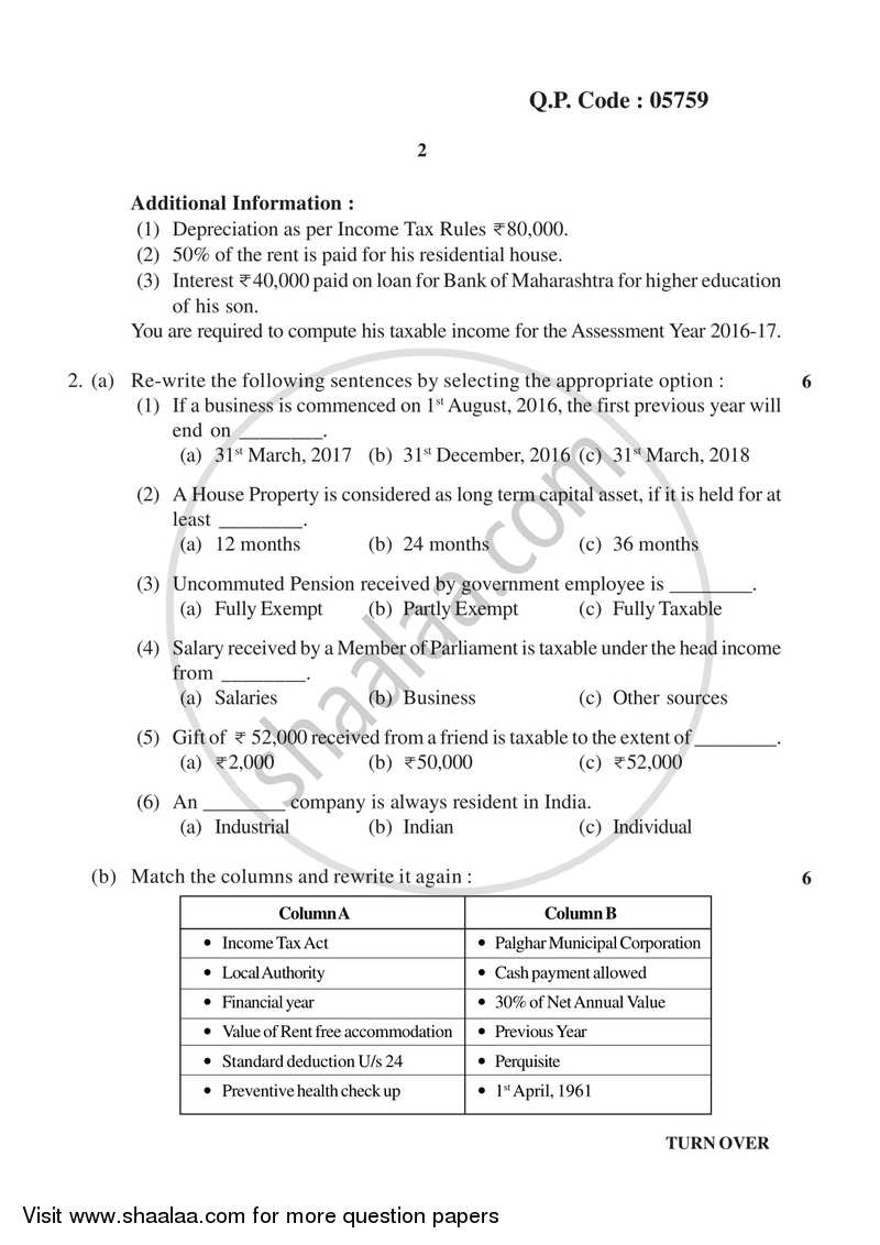 Direct and Indirect Taxation 2017-2018 - B.Com. - 3rd Year (TYBcom) - University of Mumbai question paper with PDF download