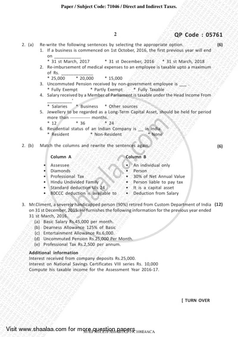 Direct and Indirect Taxation 2018-2019 - B.Com. - 3rd Year (TYBcom) - University of Mumbai question paper with PDF download