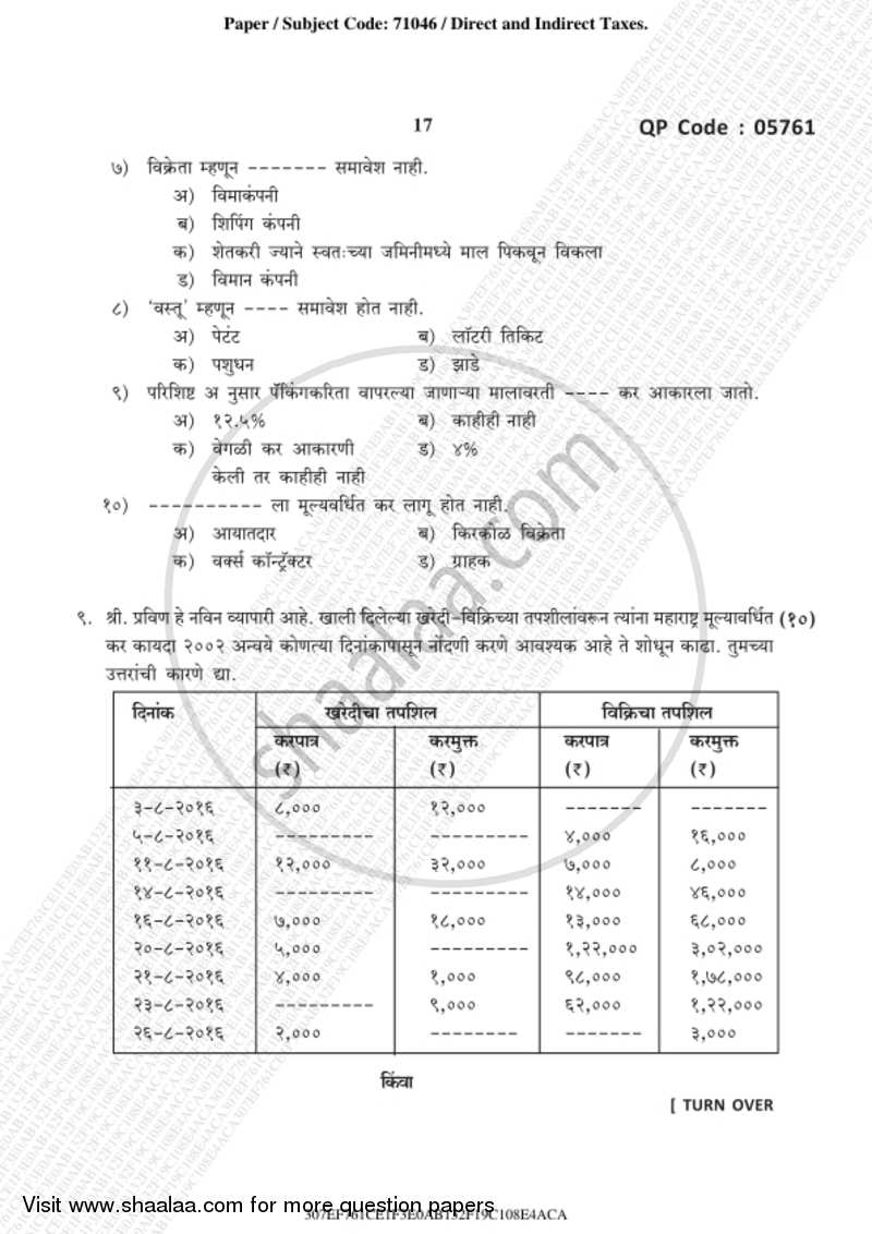 Direct and Indirect Taxation 2018-2019 - B.Com. - 3rd Year (TYBcom) - University of Mumbai question paper with PDF download