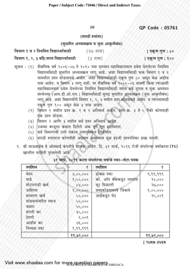 Direct and Indirect Taxation 2018-2019 - B.Com. - 3rd Year (TYBcom) - University of Mumbai question paper with PDF download