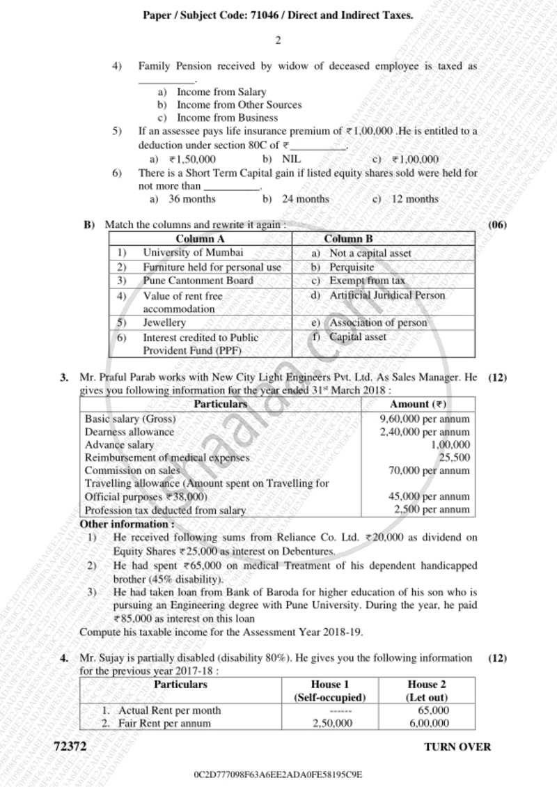 Direct and Indirect Taxation 2018-2019 - B.Com. - 3rd Year (TYBcom) - University of Mumbai question paper with PDF download
