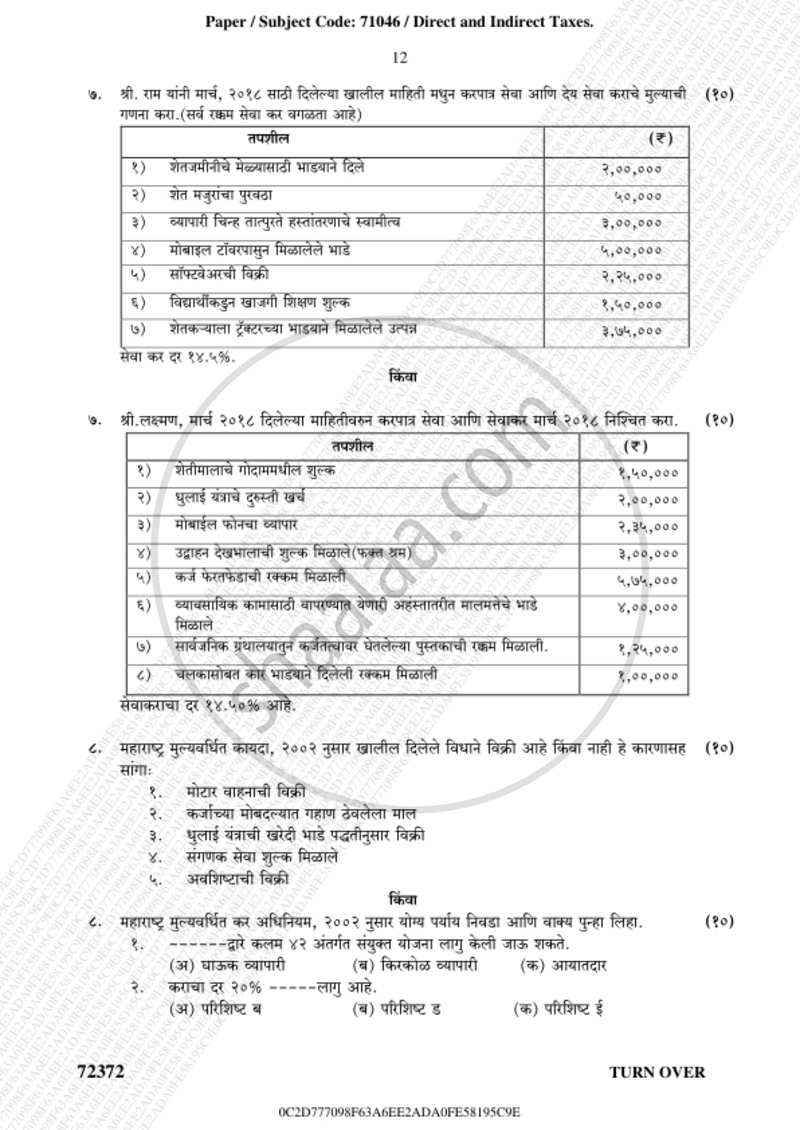 Direct and Indirect Taxation 2018-2019 - B.Com. - 3rd Year (TYBcom) - University of Mumbai question paper with PDF download