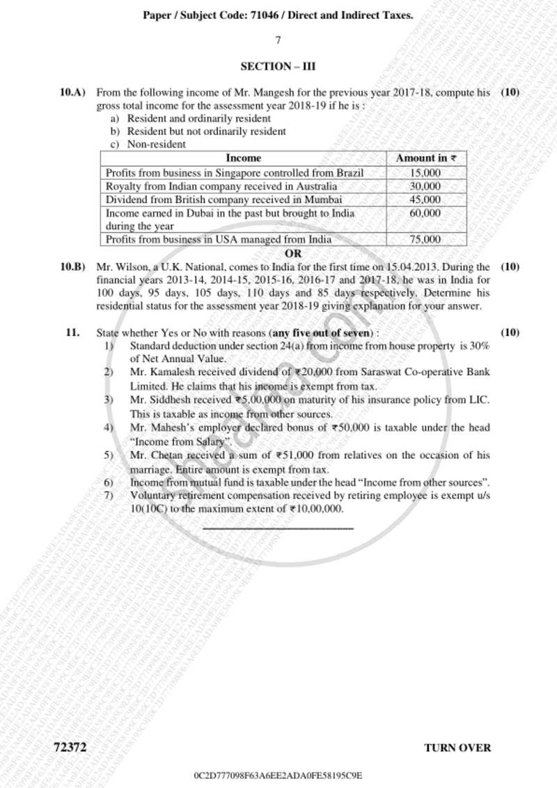 Direct and Indirect Taxation 2018-2019 - B.Com. - 3rd Year (TYBcom) - University of Mumbai question paper with PDF download