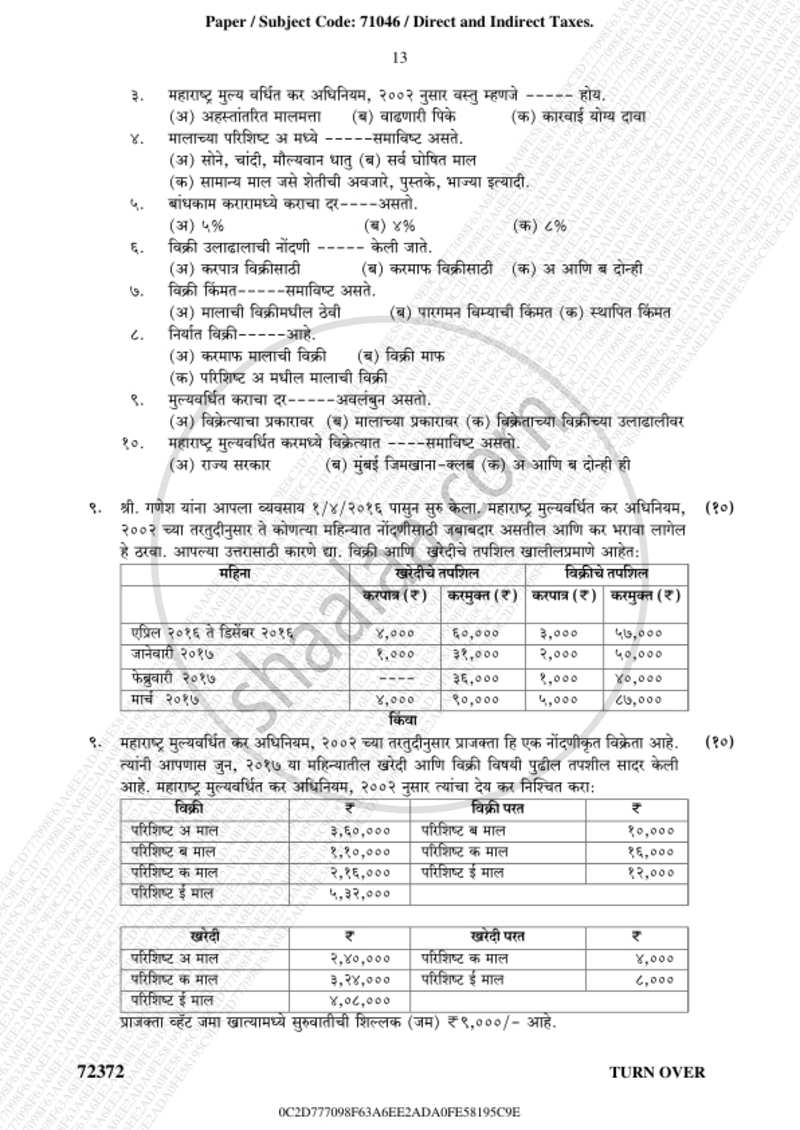 Direct and Indirect Taxation 2018-2019 - B.Com. - 3rd Year (TYBcom) - University of Mumbai question paper with PDF download