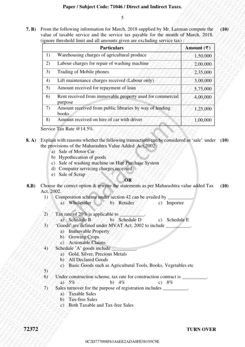 Direct and Indirect Taxation 2018-2019 - B.Com. - 3rd Year (TYBcom) - University of Mumbai question paper with PDF download