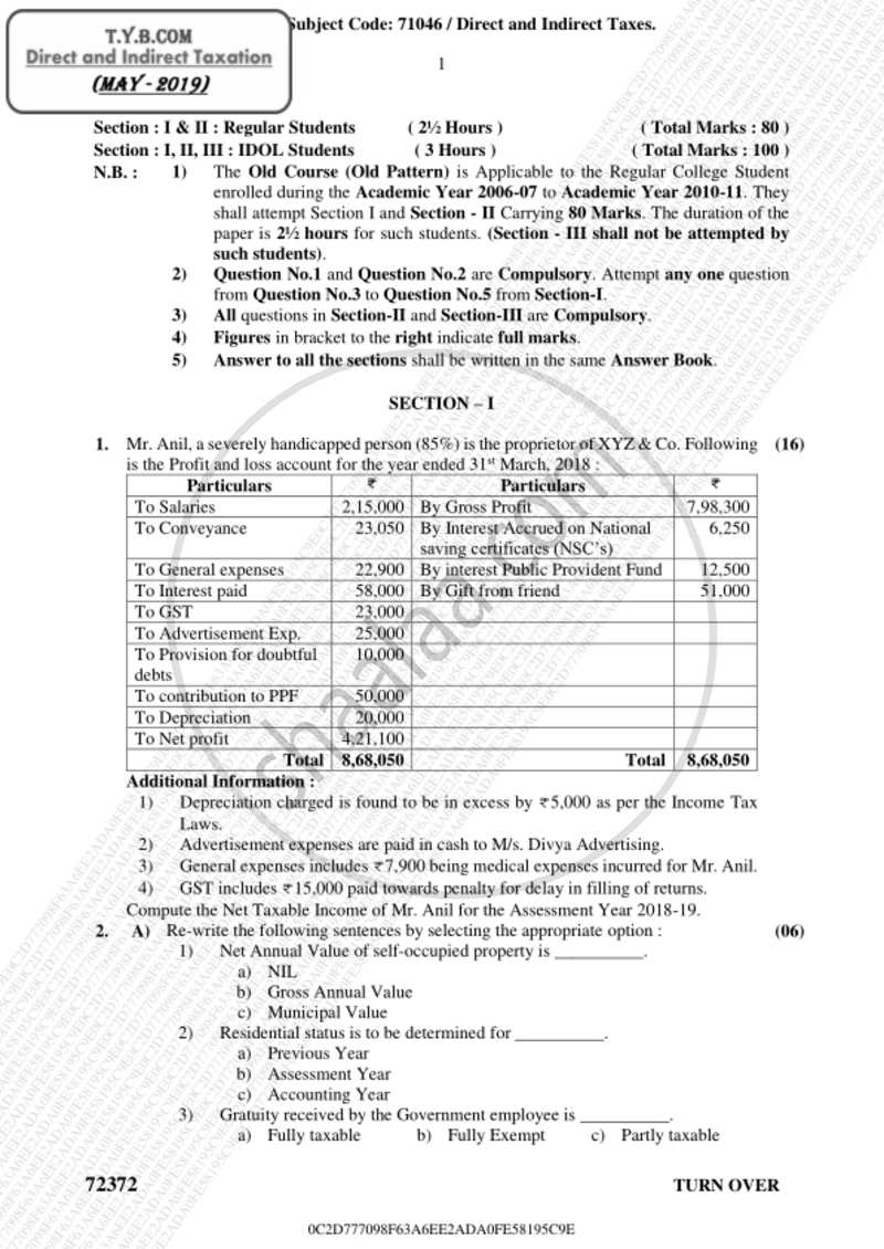 Direct and Indirect Taxation 2018-2019 - B.Com. - 3rd Year (TYBcom) - University of Mumbai question paper with PDF download