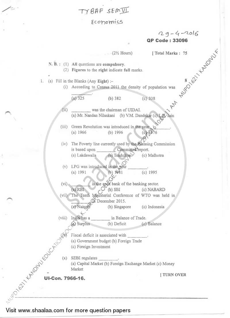 Economics 3 (Indian Economy) 2015-2016 - B.Com. - Semester 6 (TYBAF) - University of Mumbai question paper with PDF download