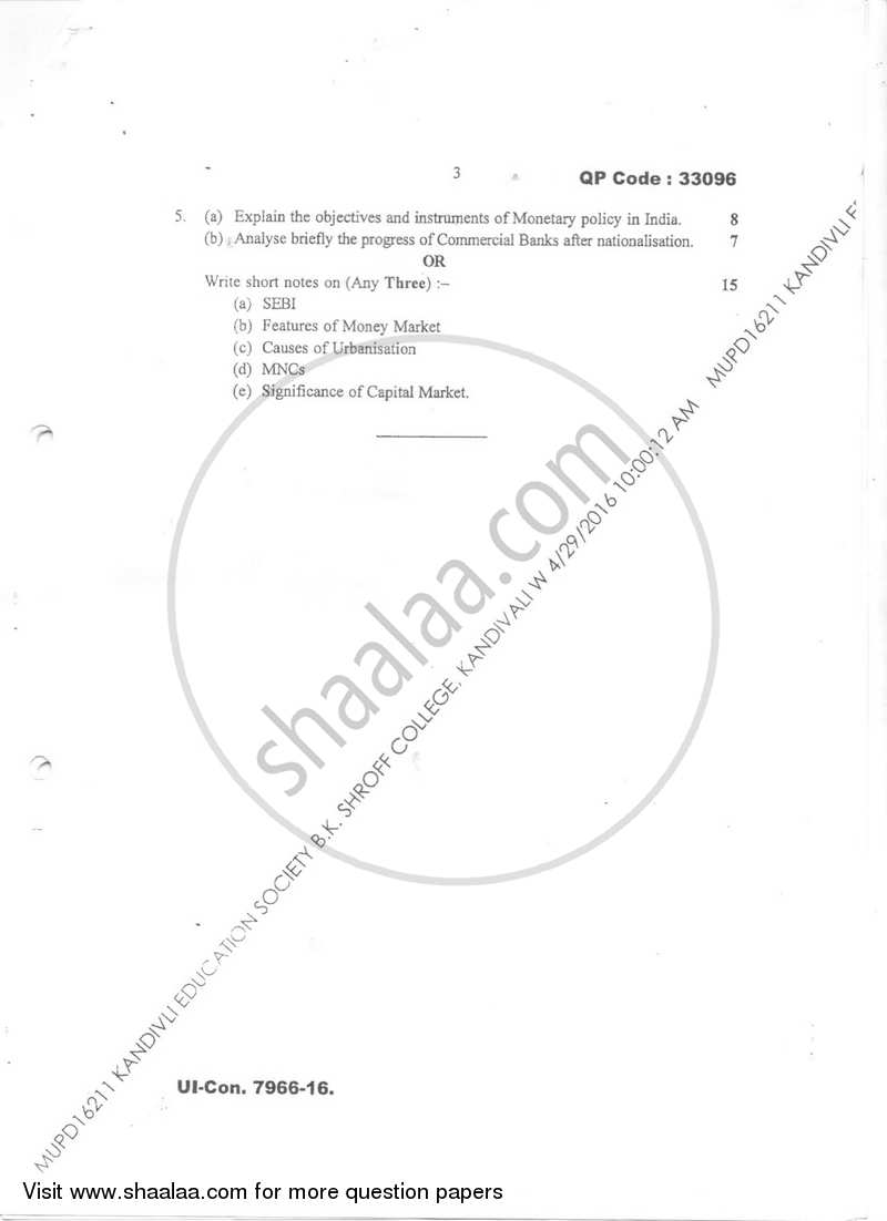 Economics 3 (Indian Economy) 2015-2016 - B.Com. - Semester 6 (TYBAF) - University of Mumbai question paper with PDF download