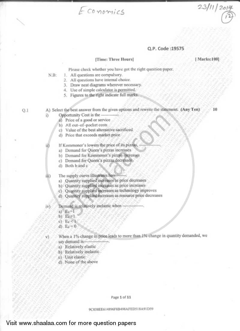 Economics-Micro Economics 1 2017-2018 - B.Com. - Semester 1 (FYBAF) - University of Mumbai question paper with PDF download