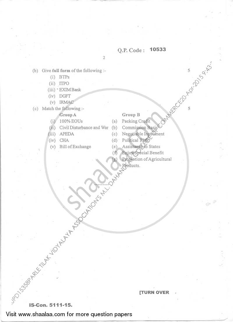 Export Marketing (Applied Component Group) 2014-2015 - B.Com. - Semester 6 (TYBcom) - University of Mumbai question paper with PDF download