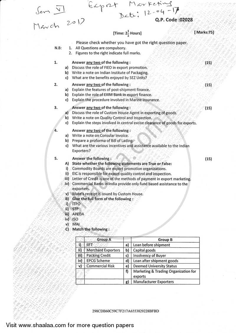 Export Marketing (Applied Component Group) 2016-2017 - B.Com. - Semester 6 (TYBcom) - University of Mumbai question paper with PDF download