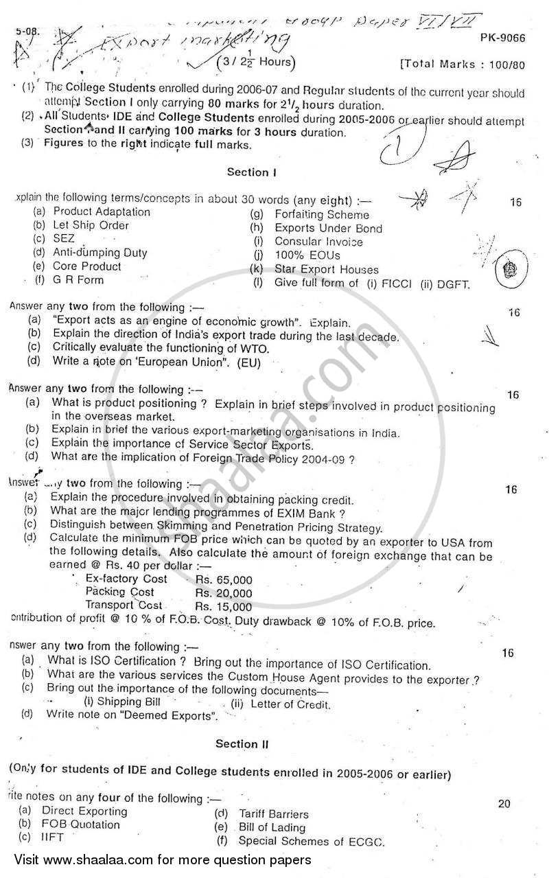 Export Marketing 2007-2008 - B.Com. - 3rd Year (TYBcom) - University of Mumbai question paper with PDF download