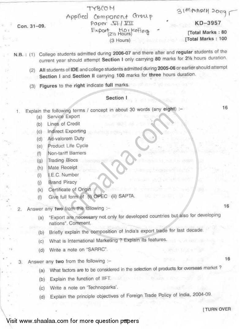 Export Marketing 2008-2009 - B.Com. - 3rd Year (TYBcom) - University of Mumbai question paper with PDF download