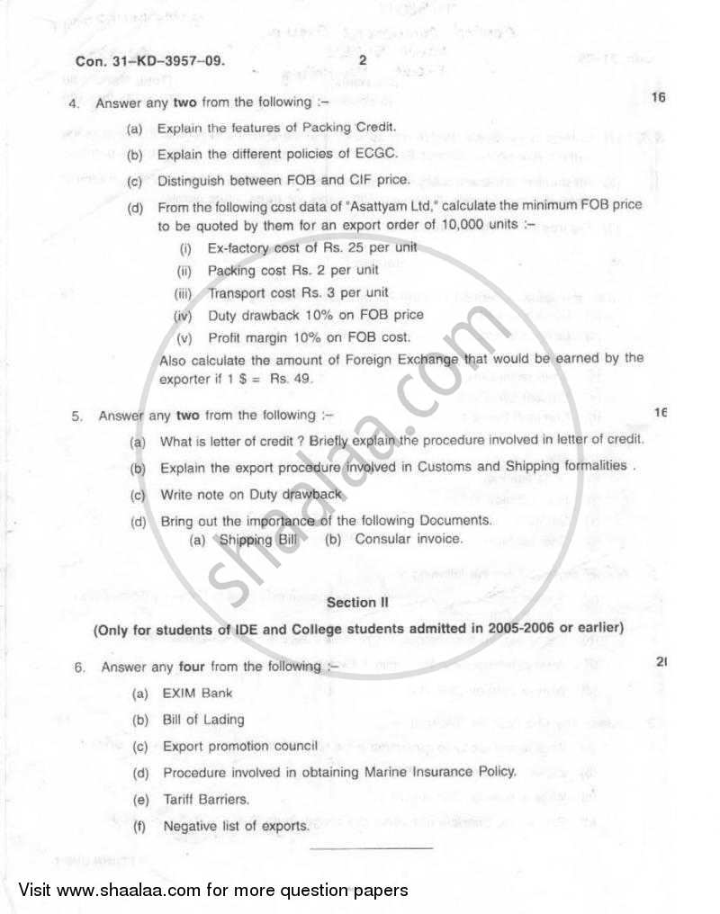 Export Marketing 2008-2009 - B.Com. - 3rd Year (TYBcom) - University of Mumbai question paper with PDF download