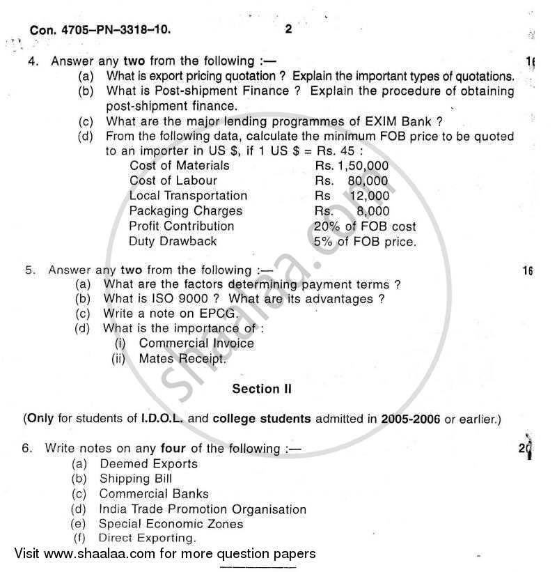 Export Marketing 2010-2011 - B.Com. - 3rd Year (TYBcom) - University of Mumbai question paper with PDF download
