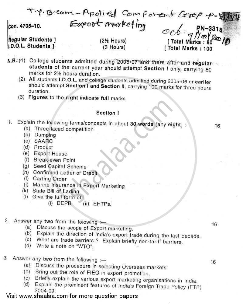 Export Marketing 2010-2011 - B.Com. - 3rd Year (TYBcom) - University of Mumbai question paper with PDF download