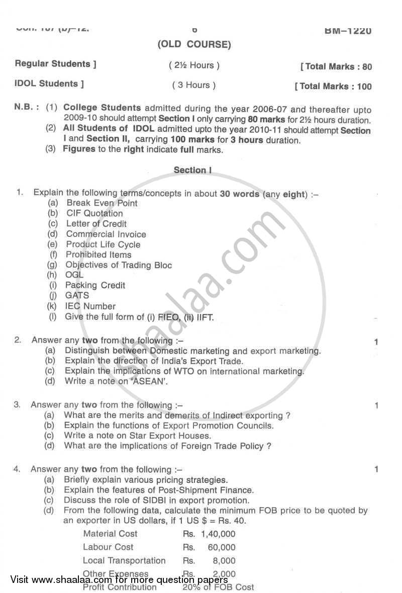 Export Marketing 2011-2012 - B.Com. - 3rd Year (TYBcom) - University of Mumbai question paper with PDF download