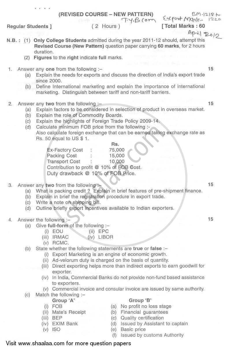 Export Marketing 2011-2012 - B.Com. - 3rd Year (TYBcom) - University of Mumbai question paper with PDF download