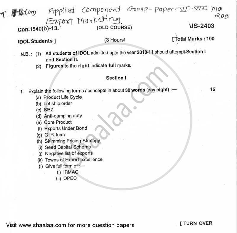 Export Marketing 2012-2013 - B.Com. - 3rd Year (TYBcom) - University of Mumbai question paper with PDF download