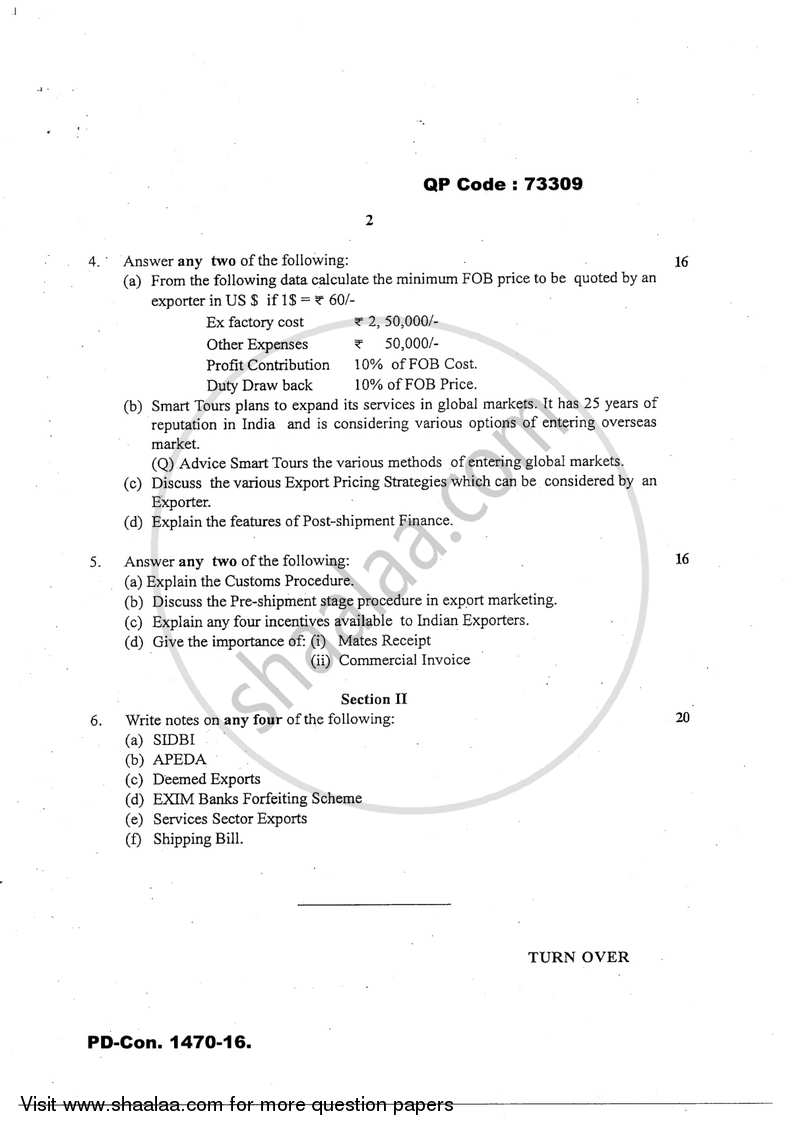 Export Marketing 2016-2017 - B.Com. - 3rd Year (TYBcom) - University of Mumbai question paper with PDF download