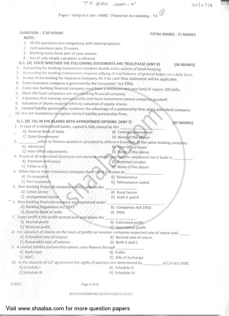 Financial Accounting 6 2018-2019 - B.Com. - Semester 5 (TYBAF) - University of Mumbai question paper with PDF download