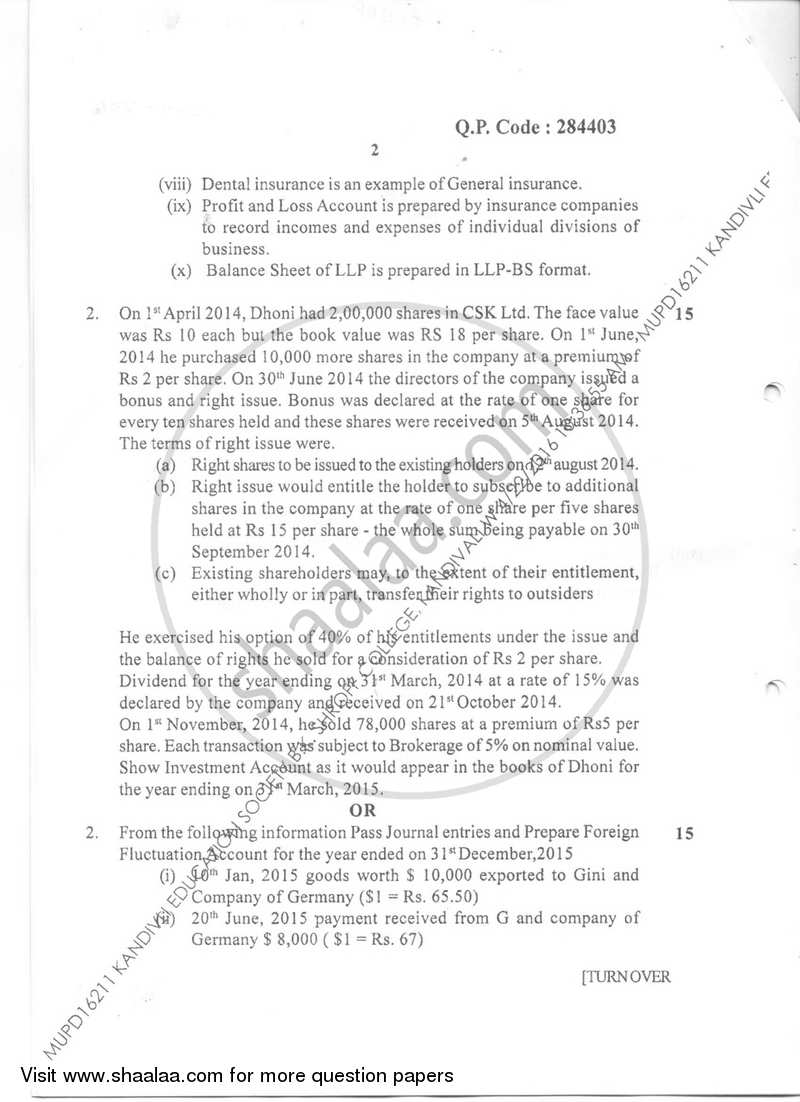 Financial Accounting 6 2015-2016 - B.Com. - Semester 6 (TYBAF) - University of Mumbai question paper with PDF download