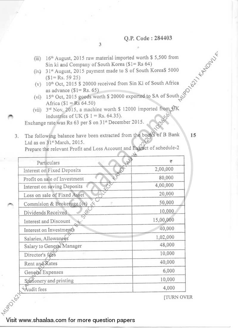 Financial Accounting 6 2015-2016 - B.Com. - Semester 6 (TYBAF) - University of Mumbai question paper with PDF download