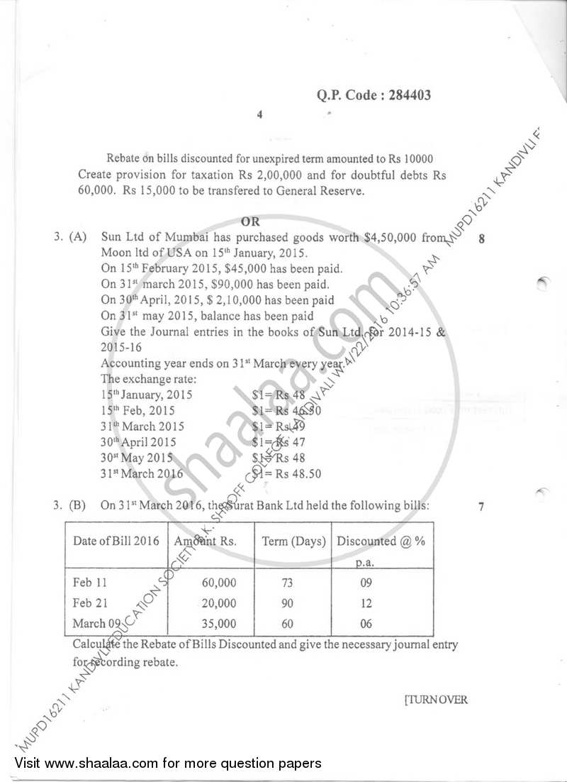 Financial Accounting 6 2015-2016 - B.Com. - Semester 6 (TYBAF) - University of Mumbai question paper with PDF download