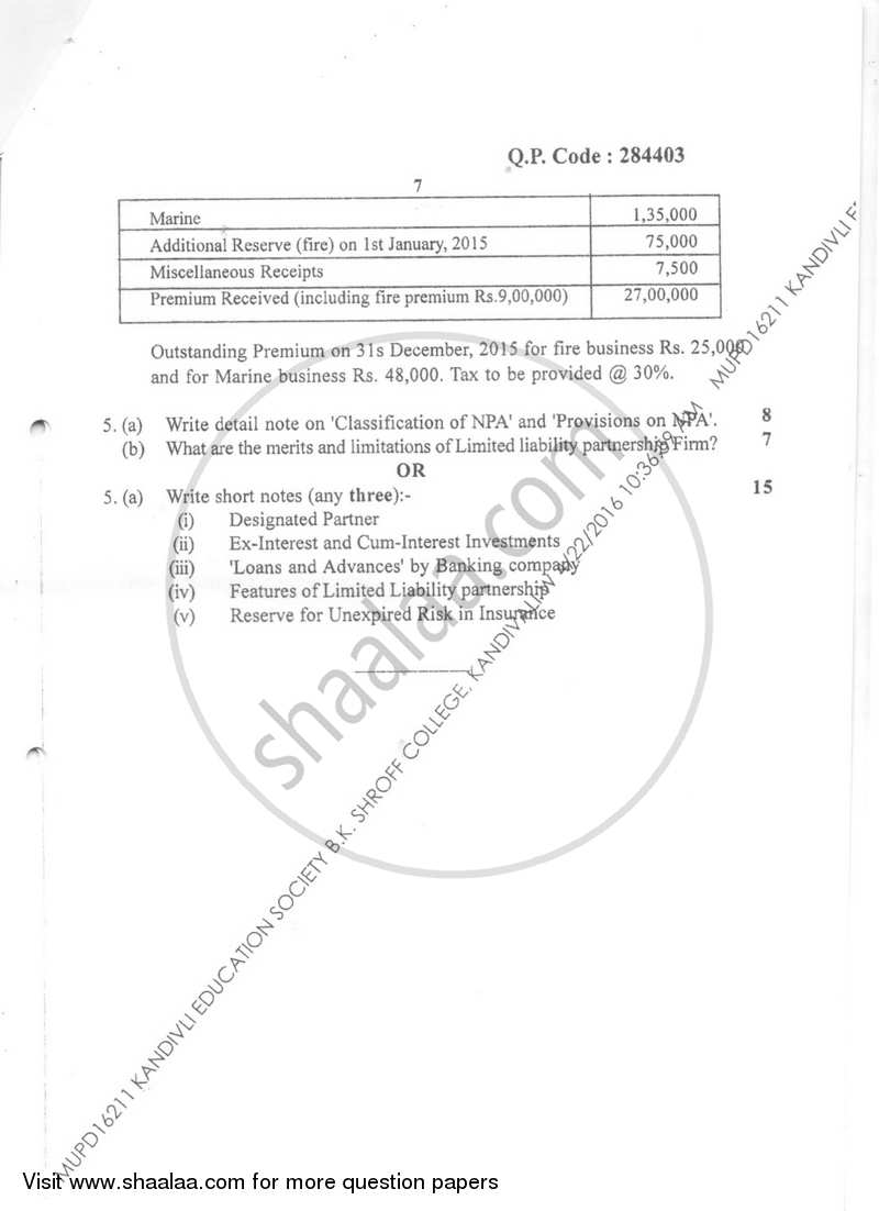 Financial Accounting 6 2015-2016 - B.Com. - Semester 6 (TYBAF) - University of Mumbai question paper with PDF download